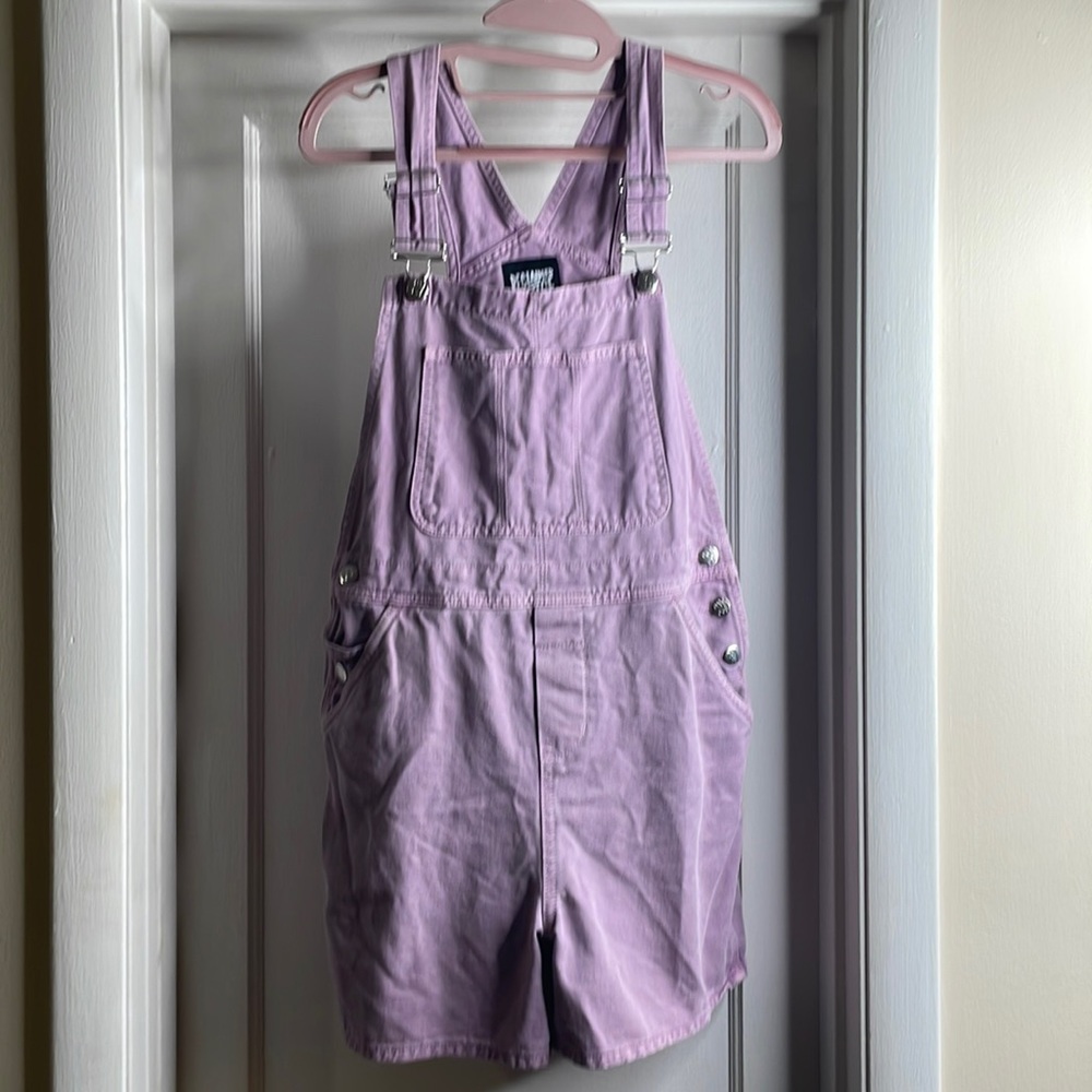 Purple denim overalls